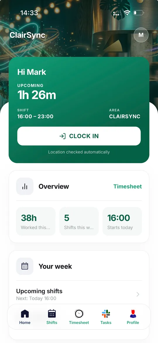 Staff app home screen with clock-in button